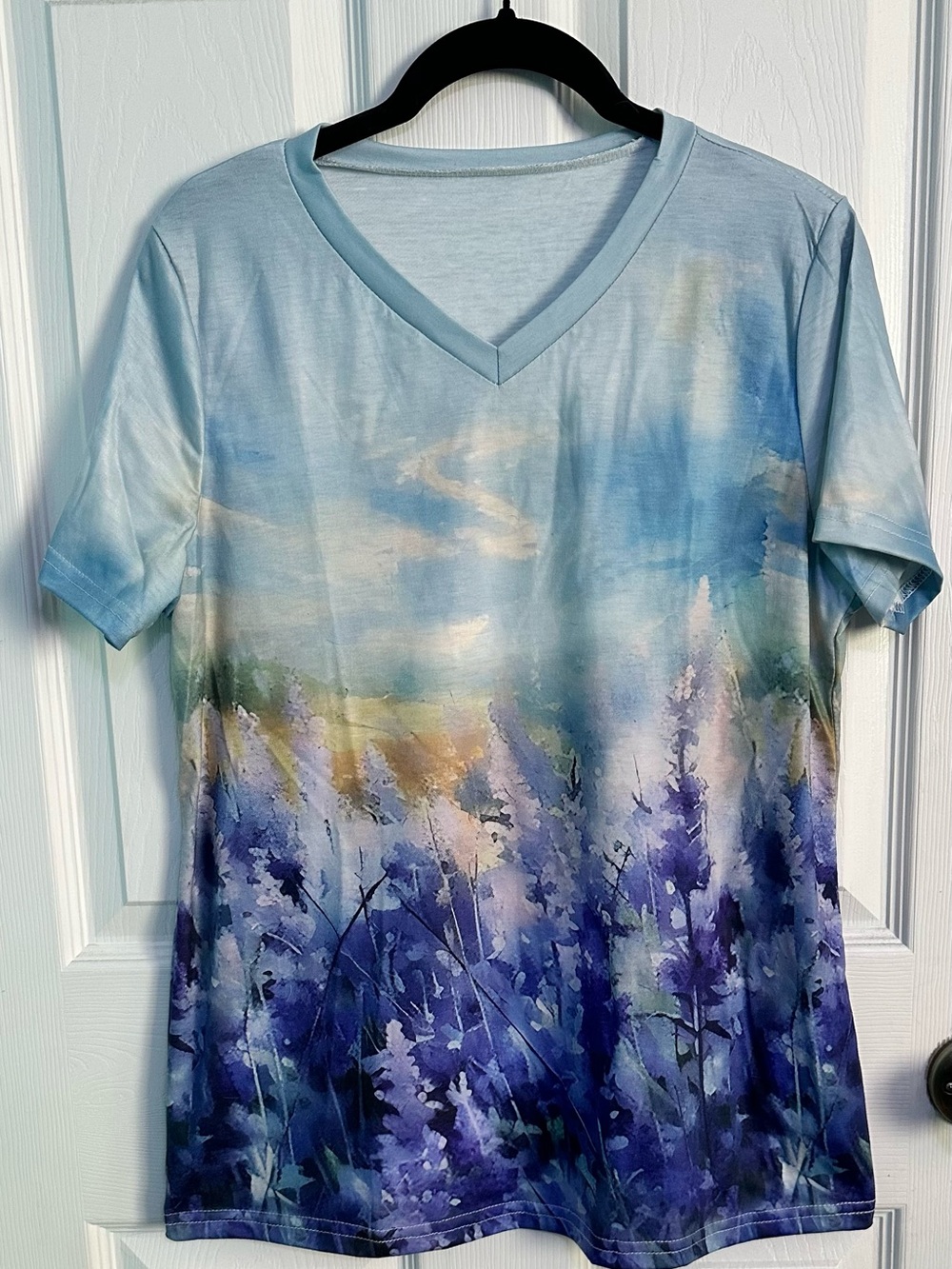 Women's V-Neck Floral Watercolor Tee in Light Blue and Purple